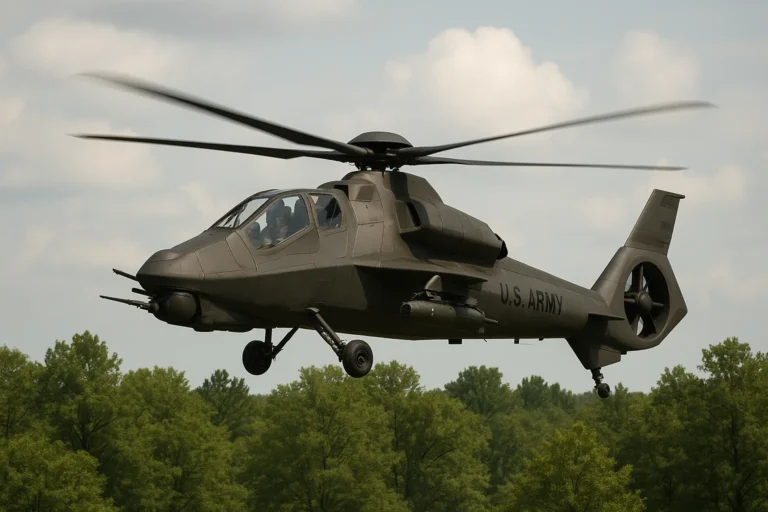 A US Army Comanche helicopter hovering over trees