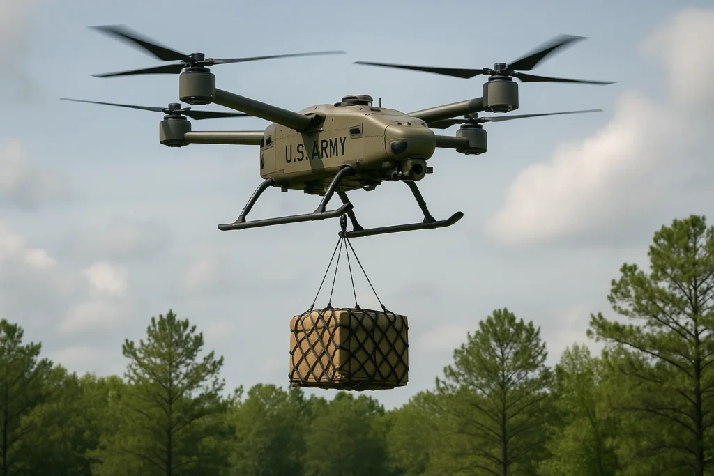 Drone Warfare: US Army Quad-Copter with cargo underneath it hovering over trees