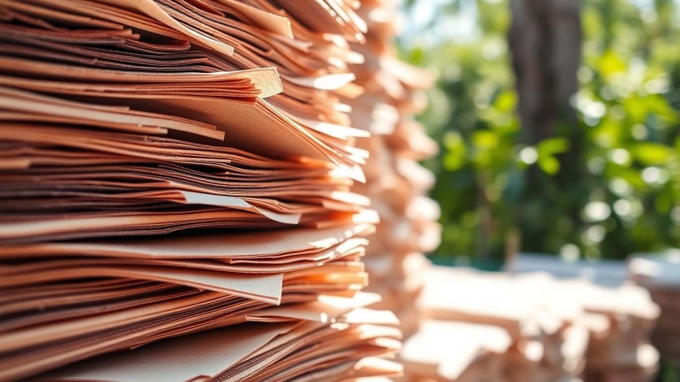 Recycled paper bales with green foliage background.