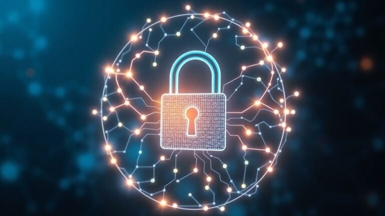 Digital lock and AI neural network patterns.