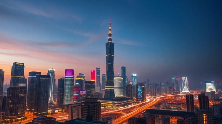 China's economic growth visualized in a modern cityscape.