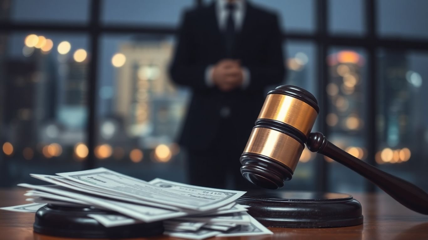 Gavel striking stock certificates, shadowy figure observing.
