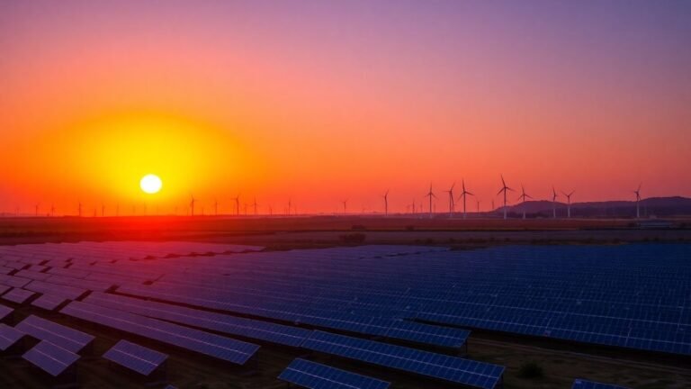 Wind turbines and solar panels at sunset.