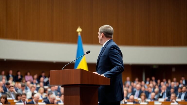 Zelenskiy speaks at the UN with Ukrainian flag.