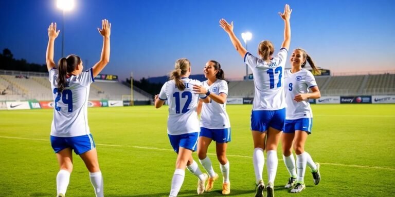 Female soccer players celebrate on field.
