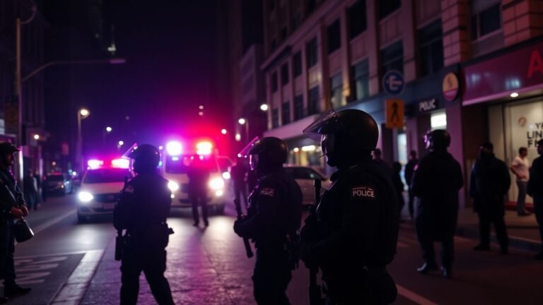 Riot police with city lights in tense urban setting
