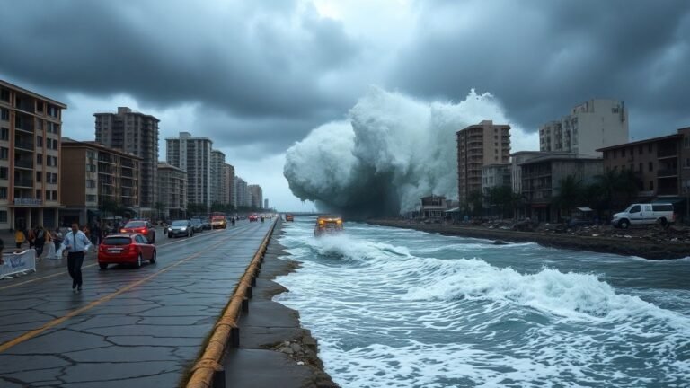 Giant wave moves toward panicked city in earthquake aftermath.
