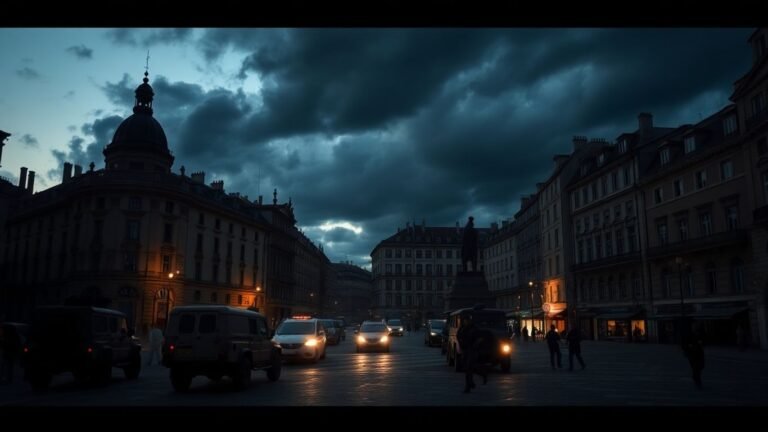 Military on alert in tense European cityscape at dusk.