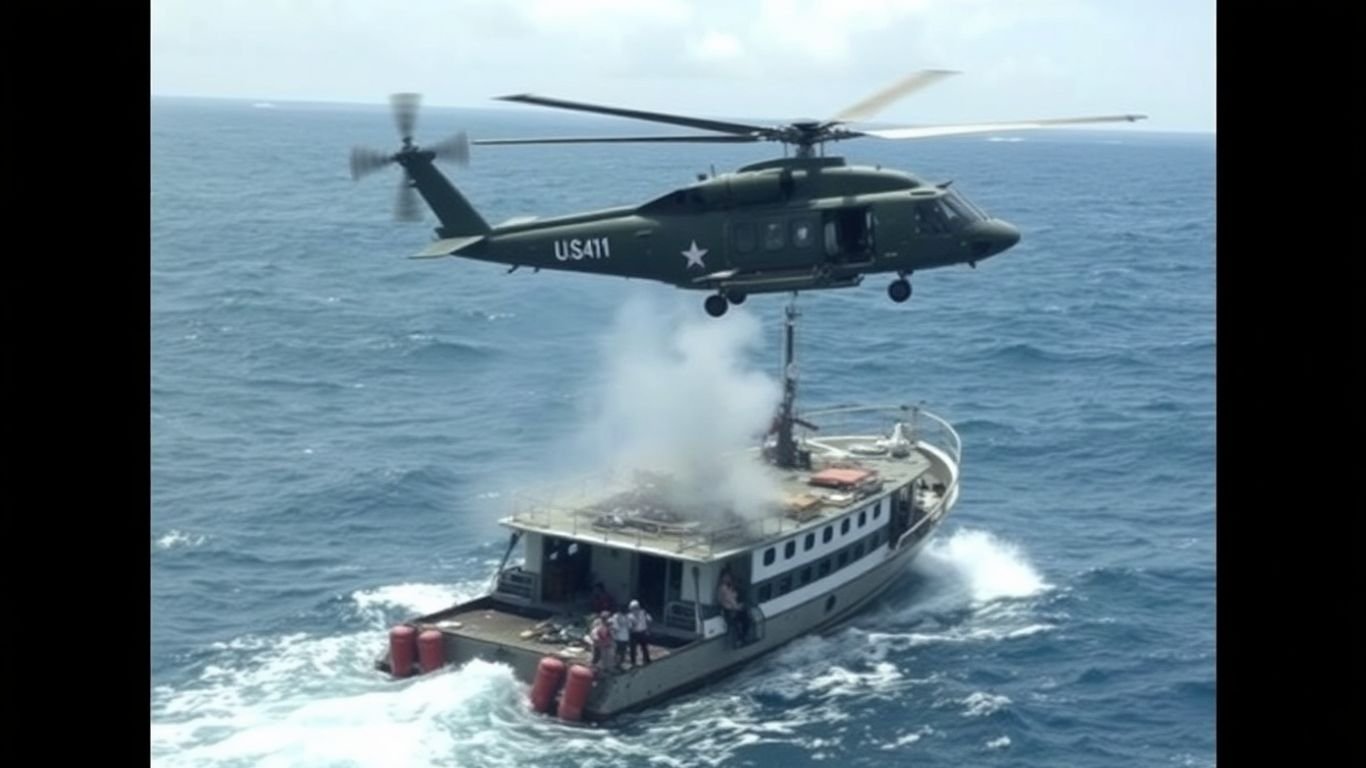 US military helicopter over damaged drug vessel in Caribbean.