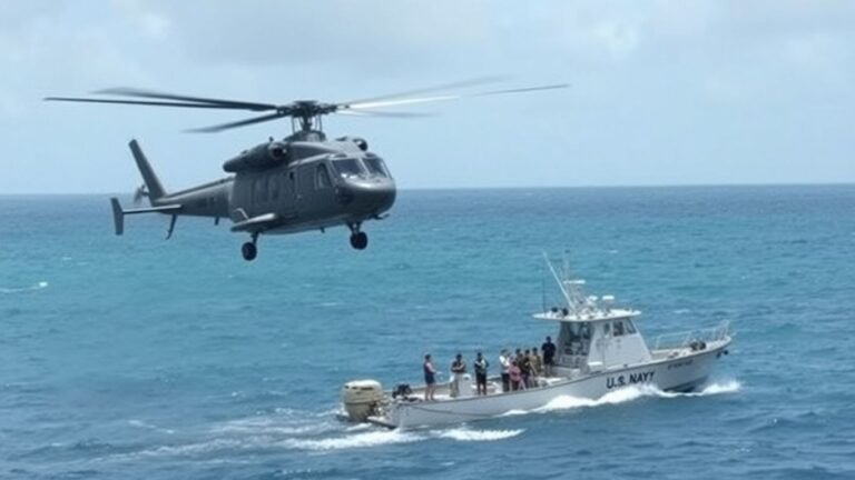 US military helicopter and boat during Caribbean drug operation.