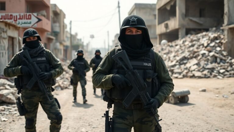 Hamas fighters in Gaza with damaged buildings.