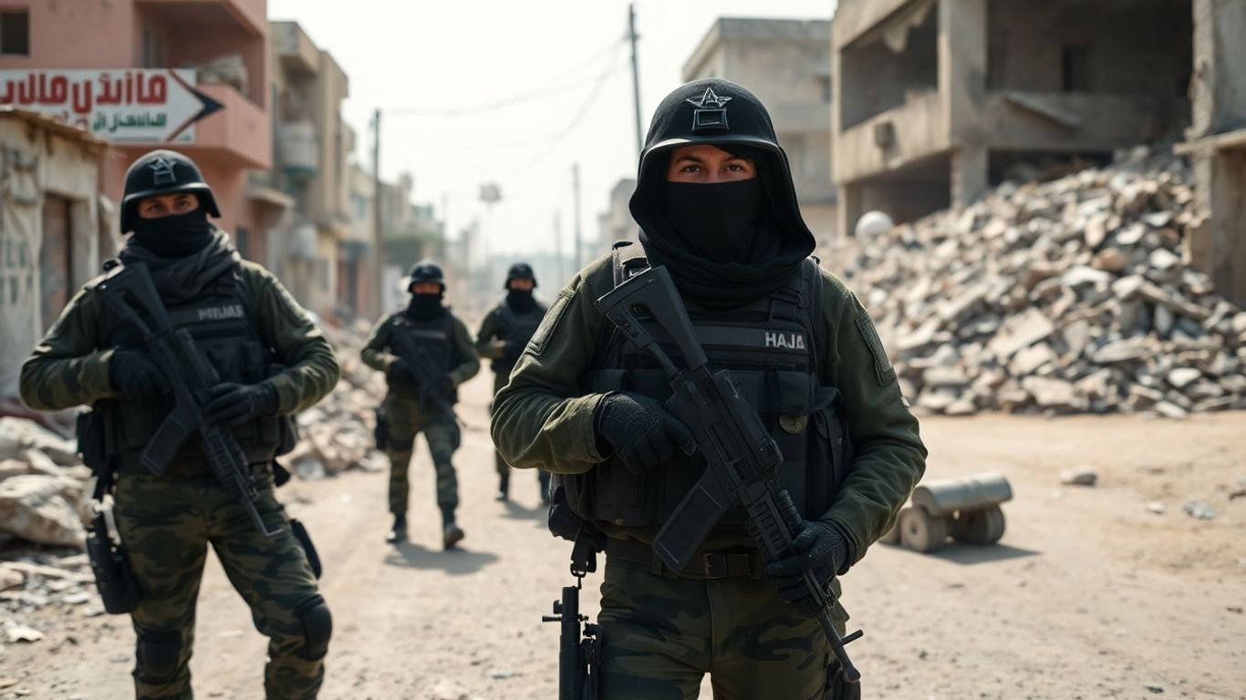 Hamas fighters in Gaza with damaged buildings.