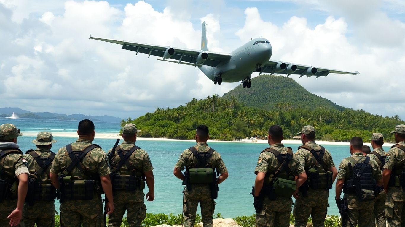 Military plane evacuating soldiers from a tropical island.