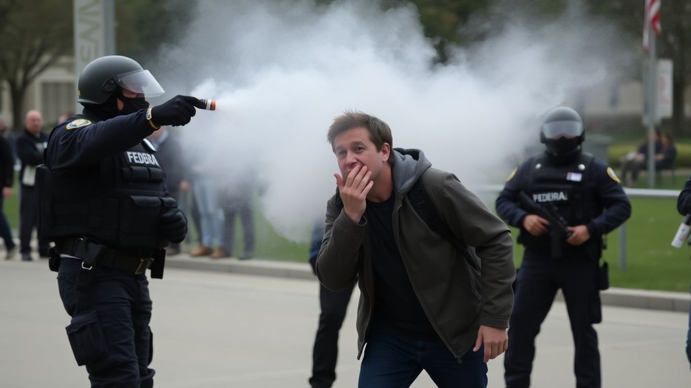 Agents spray pepper spray at a protester.
