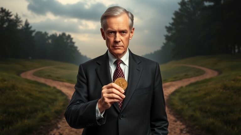 [Jerome Powell] at a crossroads with a coin.