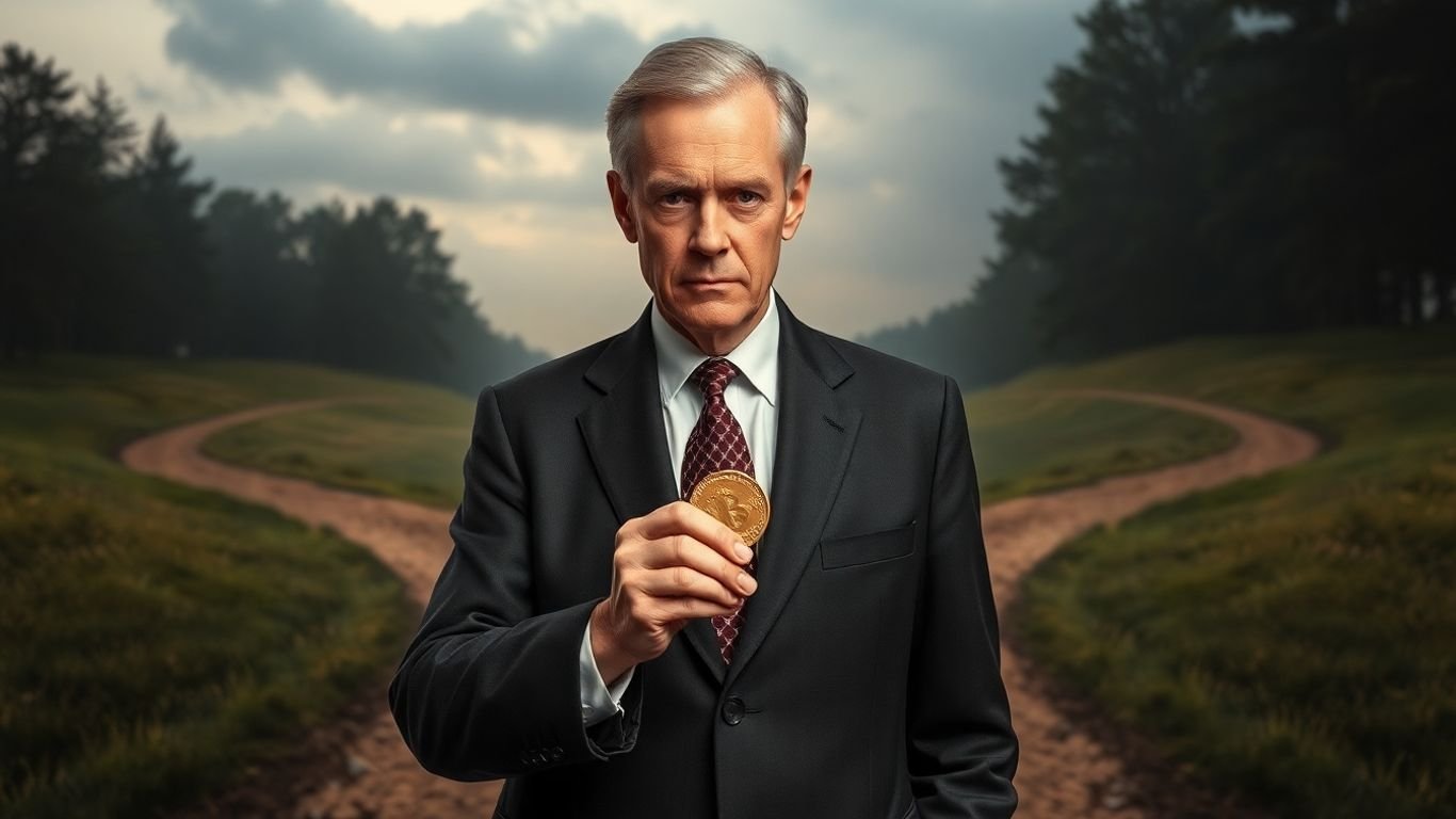 [Jerome Powell] at a crossroads with a coin.