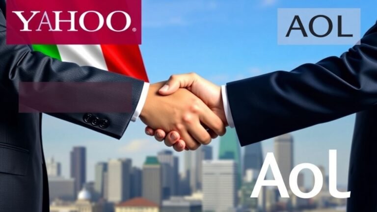 Executives handshake with Yahoo and AOL logos, Italian flag.