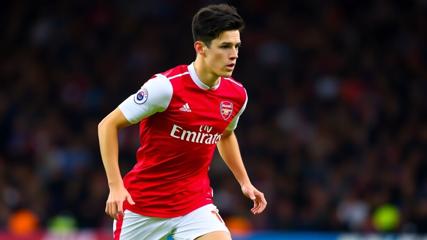 [Declan Rice] in Arsenal kit, running on a football pitch.