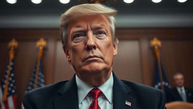 Presidential seal and [Donald Trump] in a powerful stance.