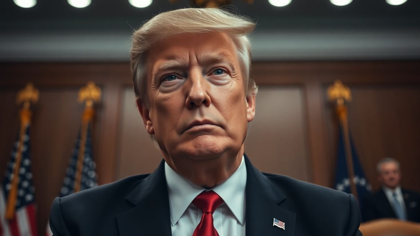 Presidential seal and [Donald Trump] in a powerful stance.