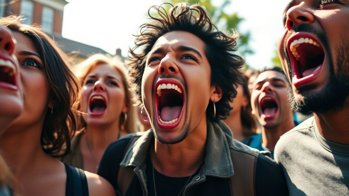 People screaming together outdoors in London.