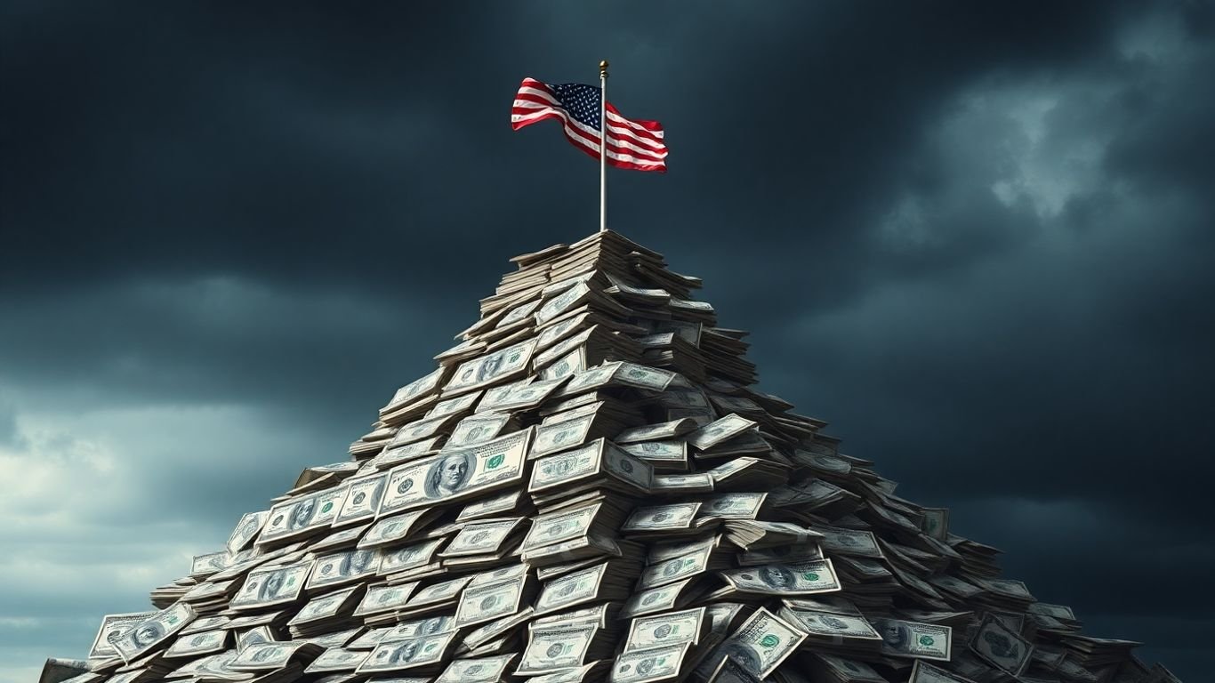 US debt mountain under stormy sky with tattered flag.