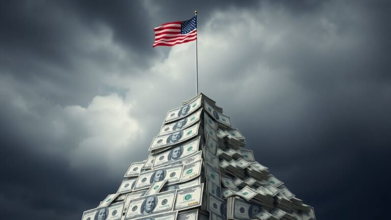 US debt mountain under stormy sky with tattered flag.
