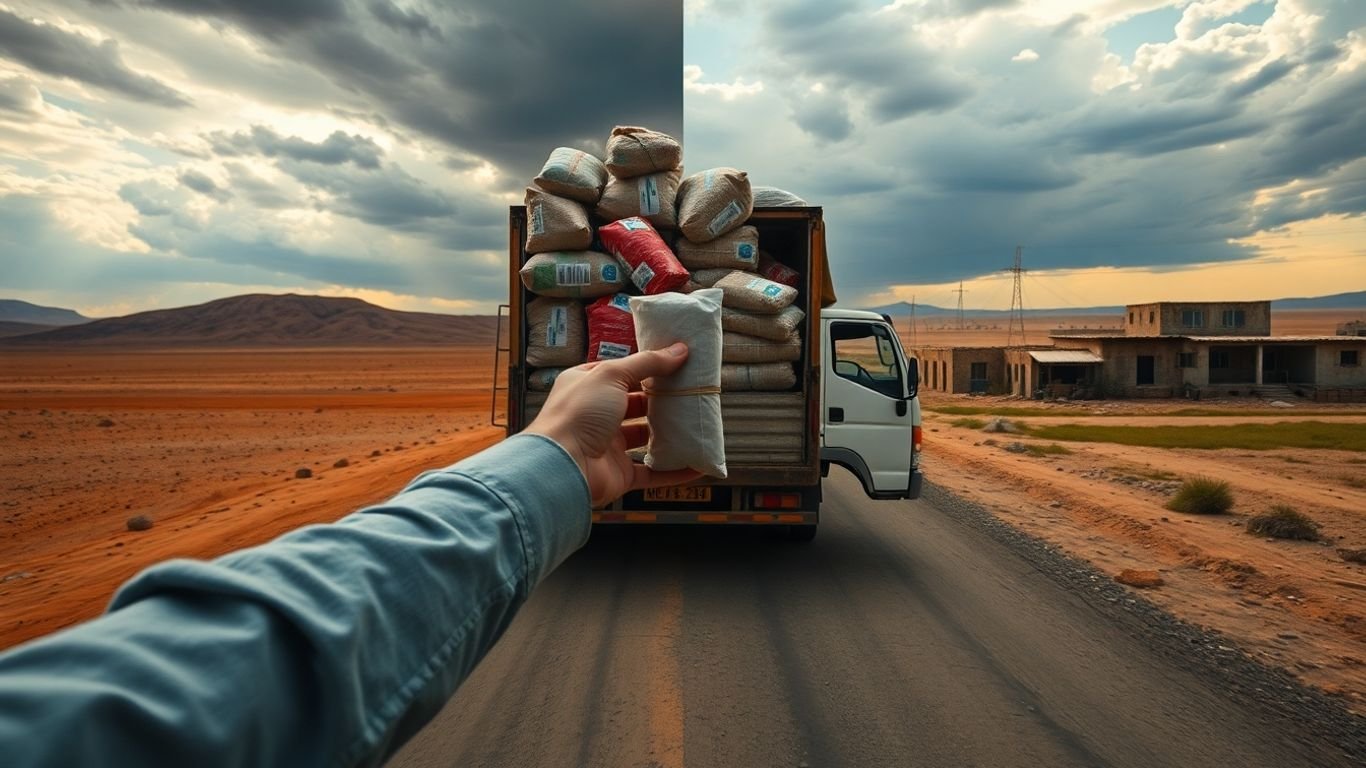 Aid truck moving towards Gaza, offering supplies.