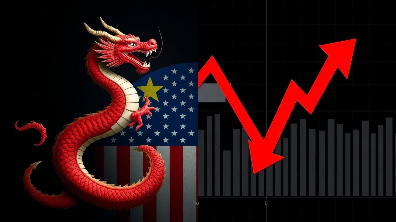 US and China flags with a falling stock market graph.