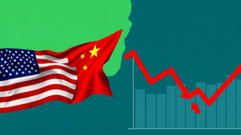 US and China flags clashing, stock market falling.