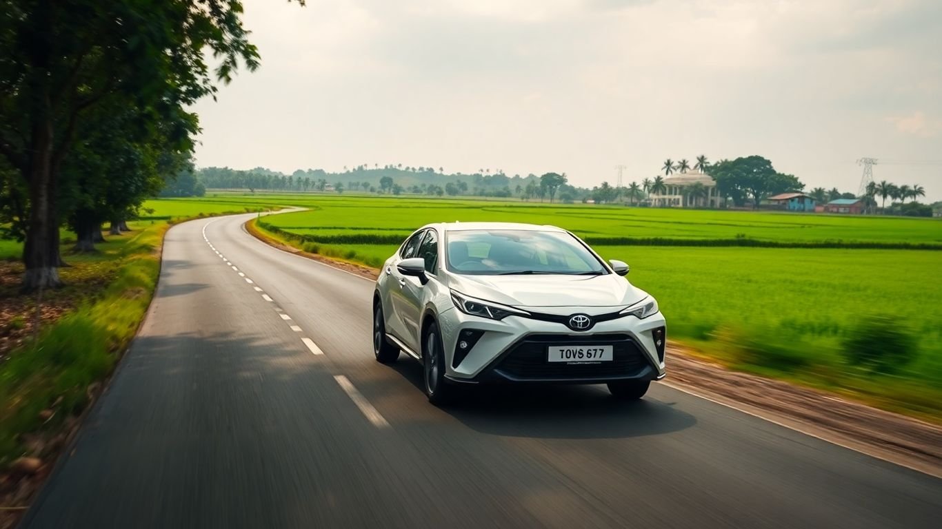 New Toyota car on a rural Indian road.