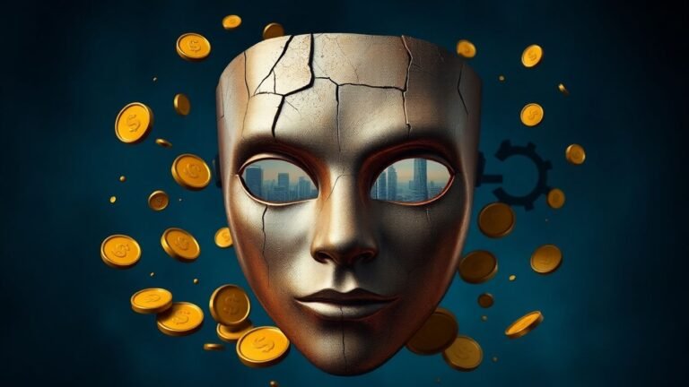 Cracked mask revealing futuristic finance city
