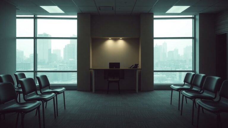 Community bank interior with empty loan officer desk.