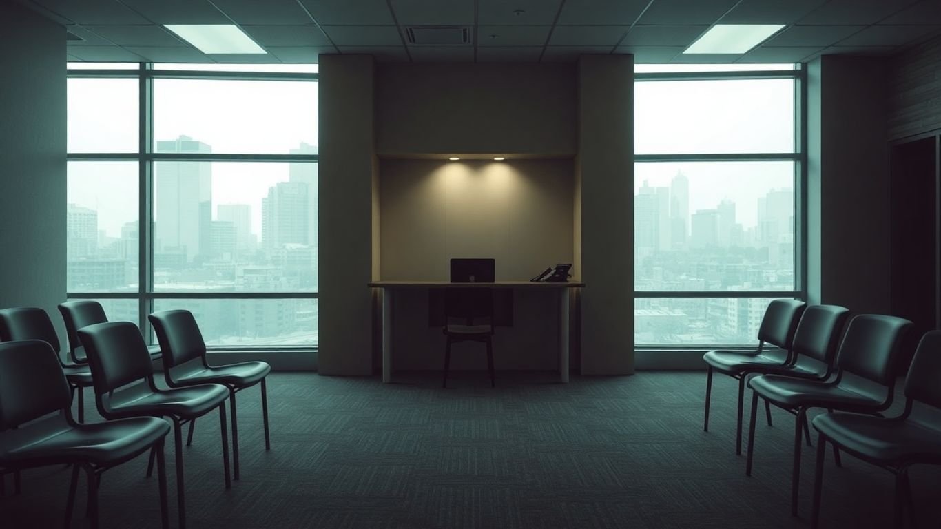 Community bank interior with empty loan officer desk.