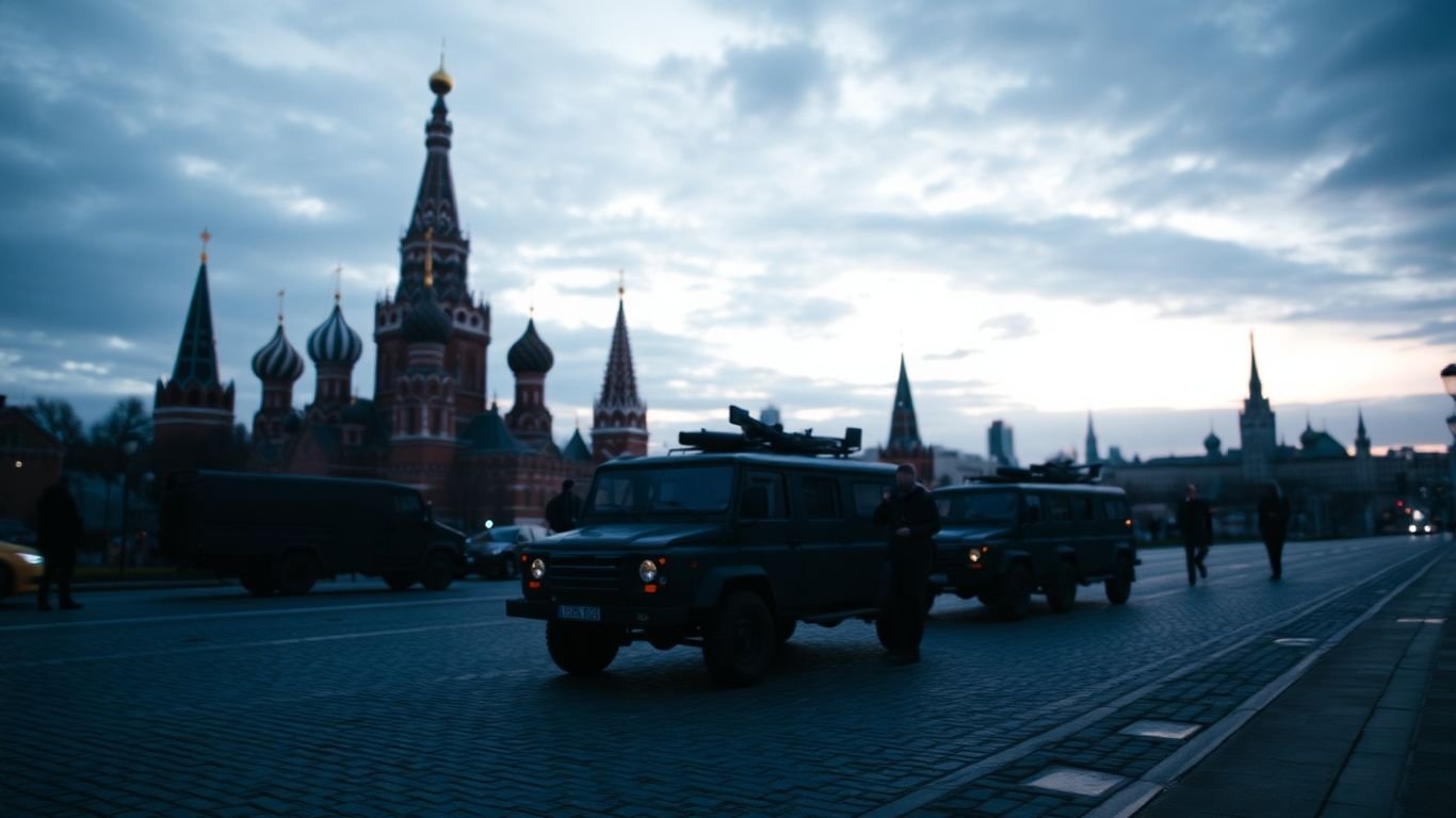 Kremlin towers, Russian military vehicles, dark sky, tense mood