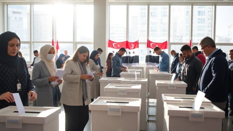 Syrians voting at polling station with flags visible.