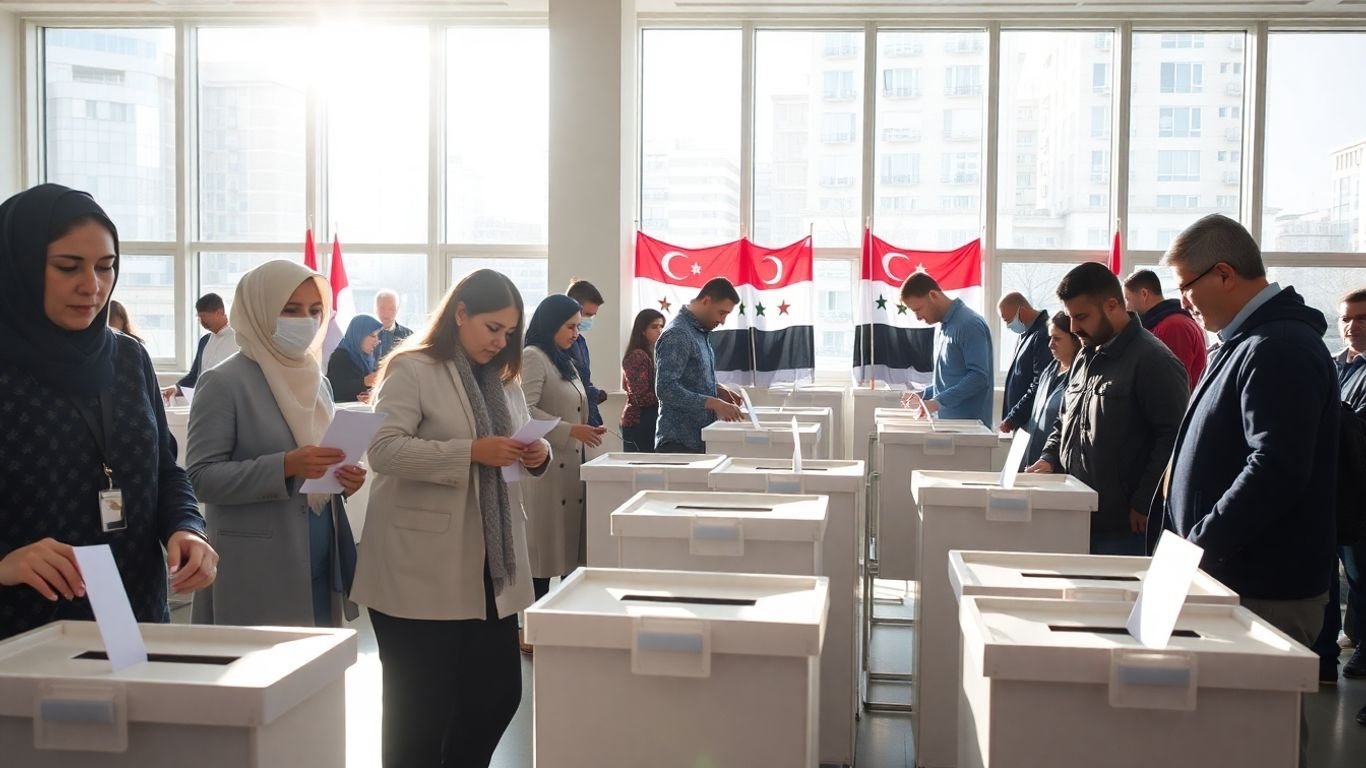 Syrians voting at polling station with flags visible.