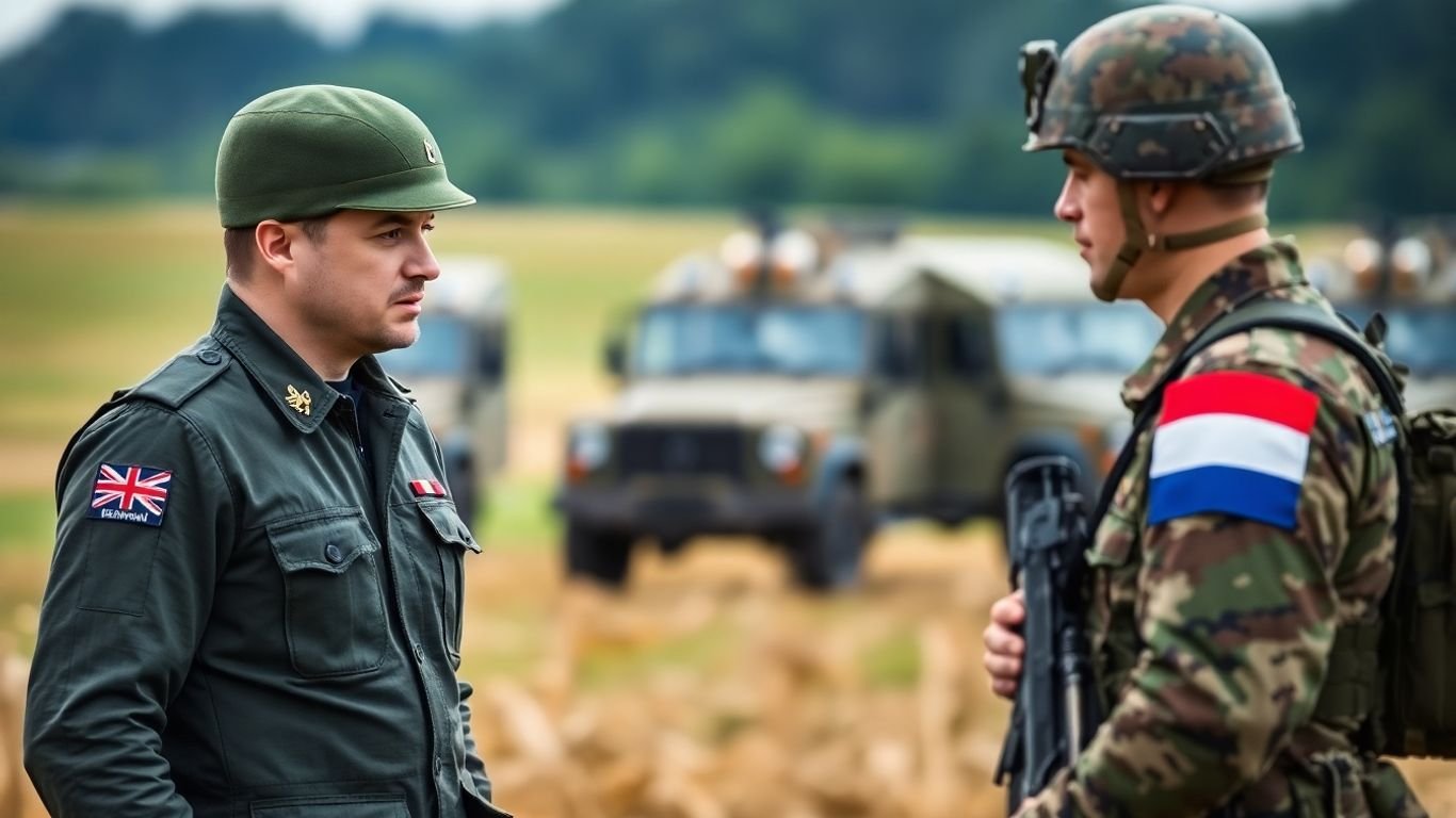 German and Dutch soldiers in a field with military vehicles.
