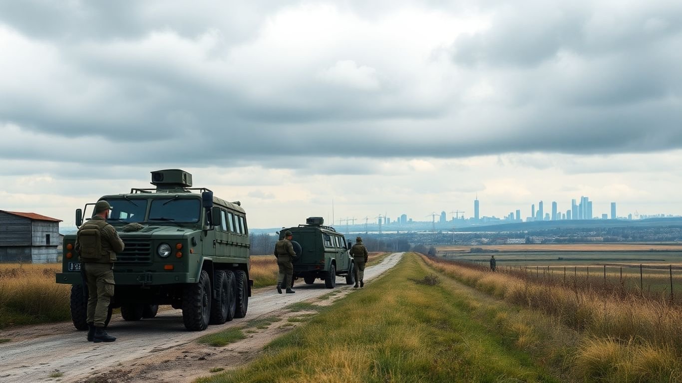 Modern soldiers and vehicles on tense European border landscape.