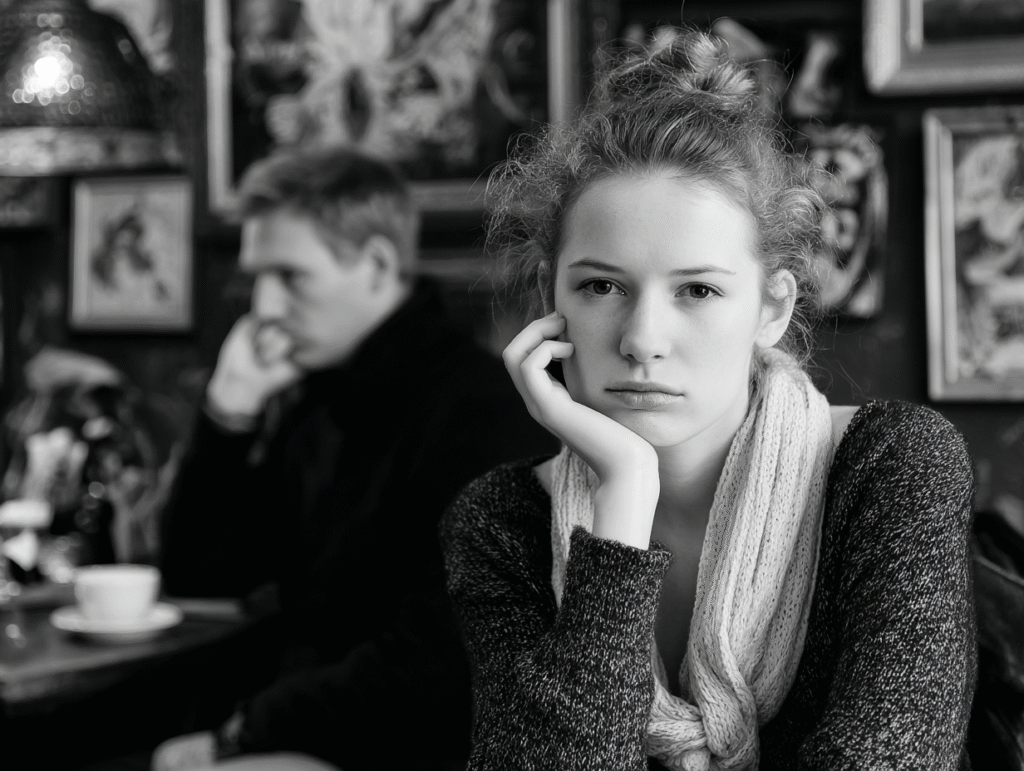 Sad woman at cafe, an indifferent toxic man in background