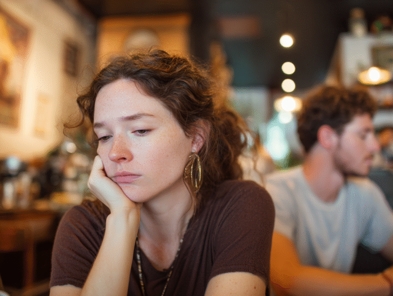 Sad woman at cafe, indifferent man in background