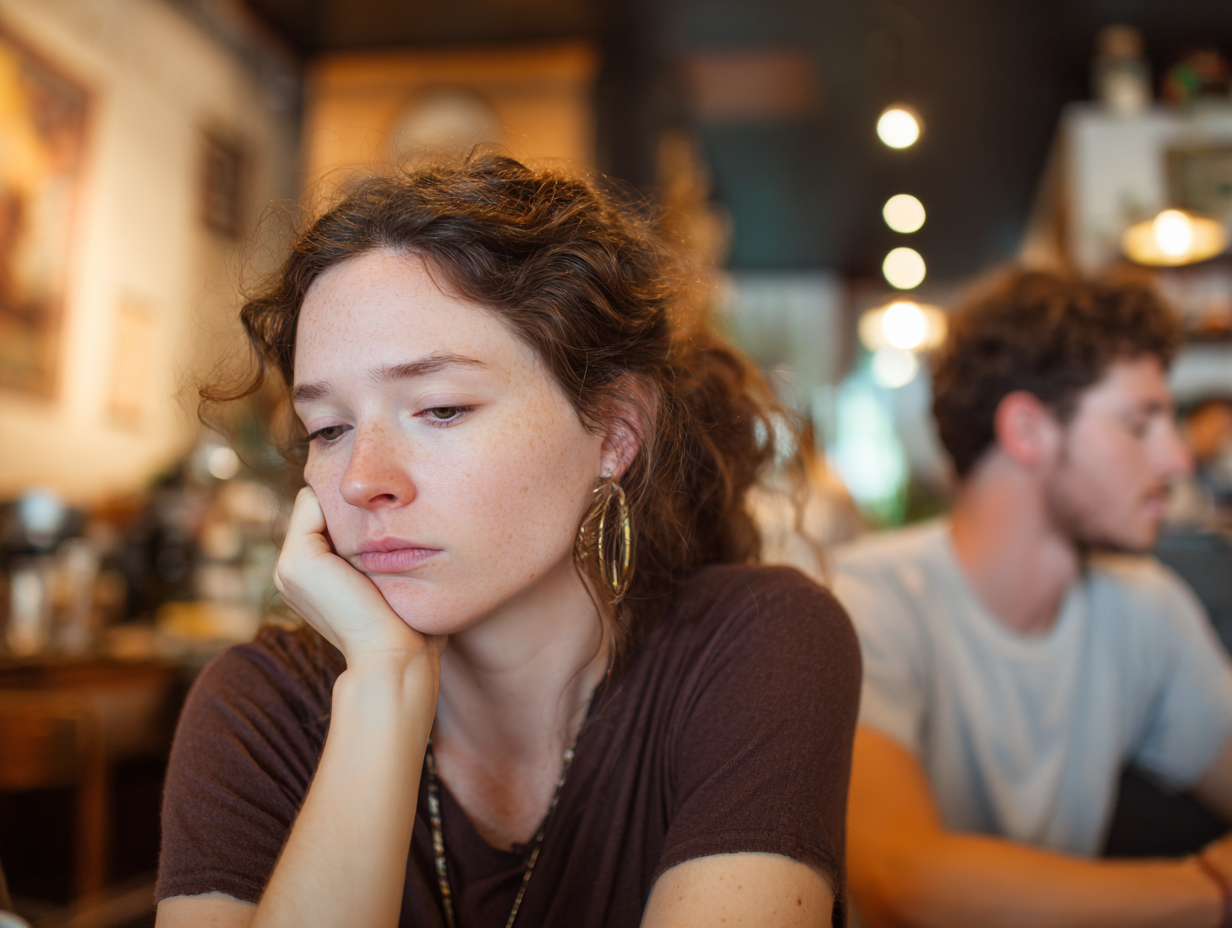 Sad woman at cafe, indifferent man in background