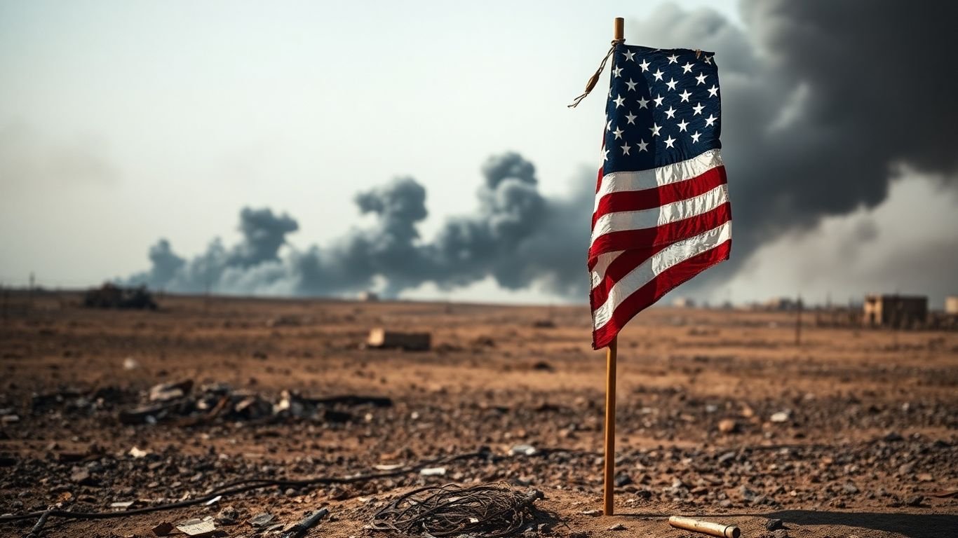 Tattered American flag in a desolate, war-torn landscape.