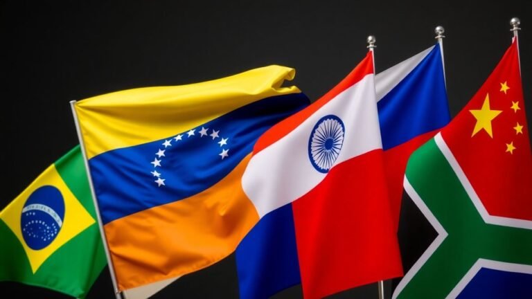 Venezuela joins BRICS flags waving together.