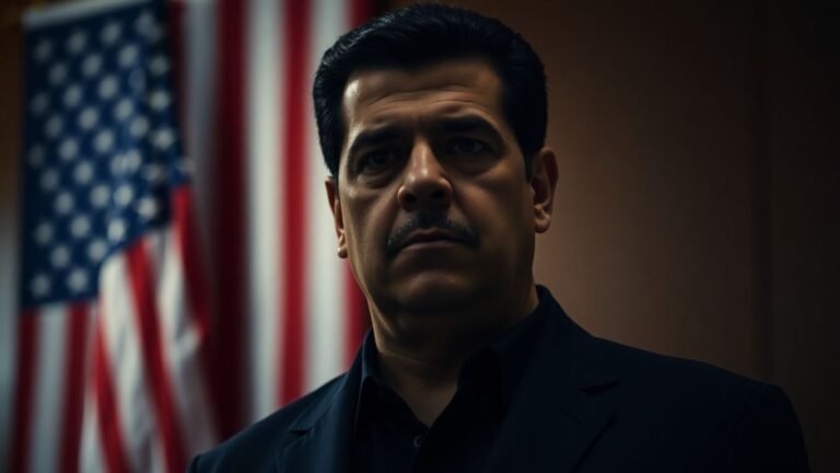 Venezuelan leader Nicolas Maduro with a blurred American flag.