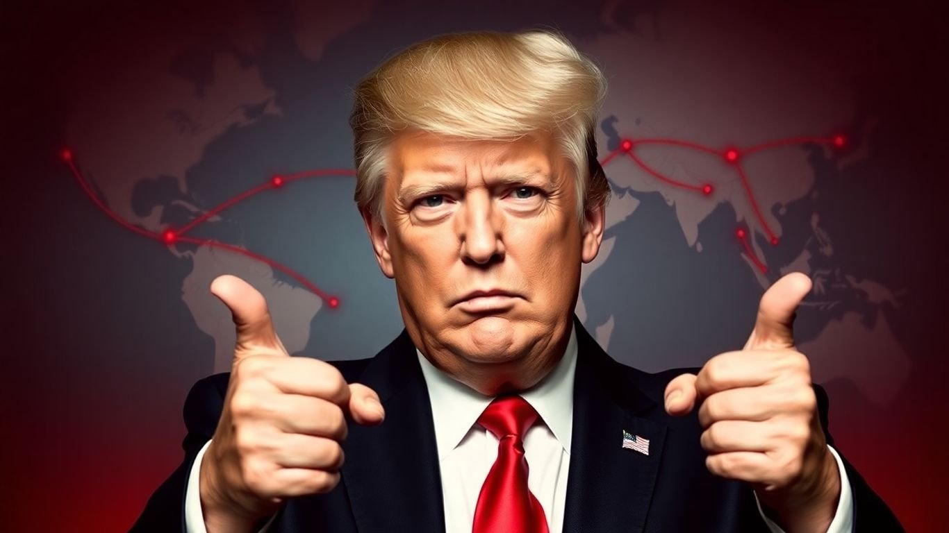 Trump points, global trade routes, red glow