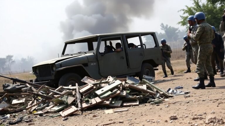 UN troops near damaged vehicle after firing incident.