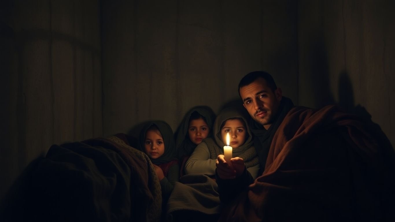 Gaza family in cold, dark room with a candle.