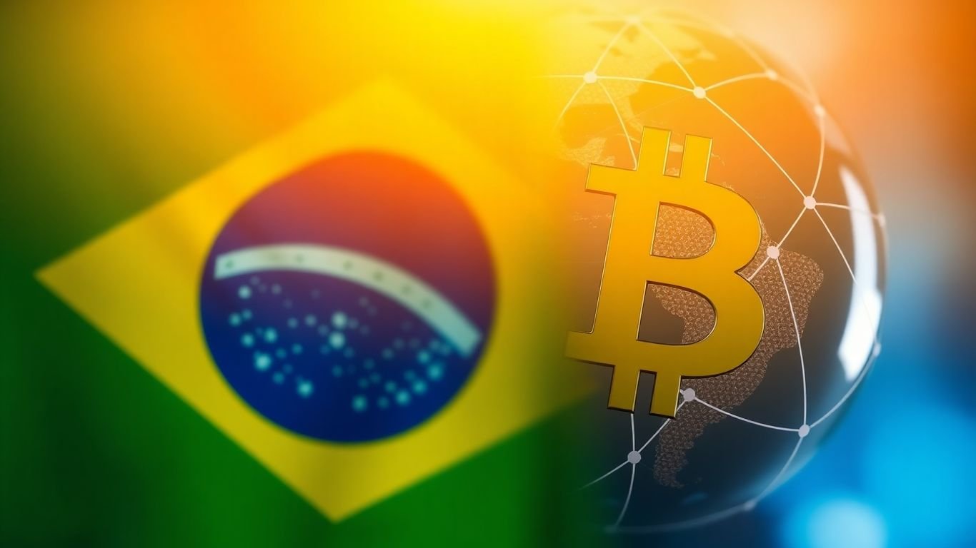 Brazil flag and digital currency symbol with globe.