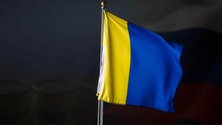 French and Ukrainian flags with abstract Russian assets.